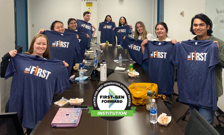 Group of first-gen students with first-gen program shirts at California State University, Fullerton