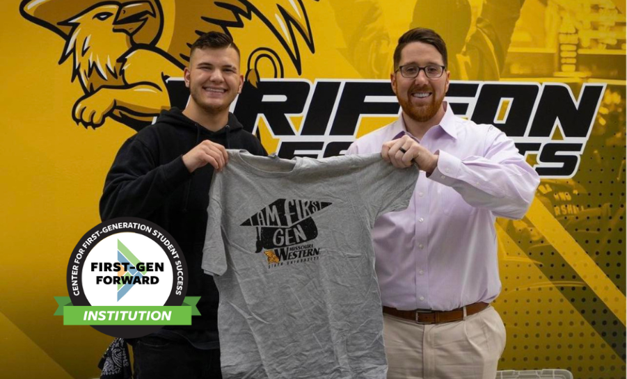 MWSU employees holding First-gen program swag and shirts