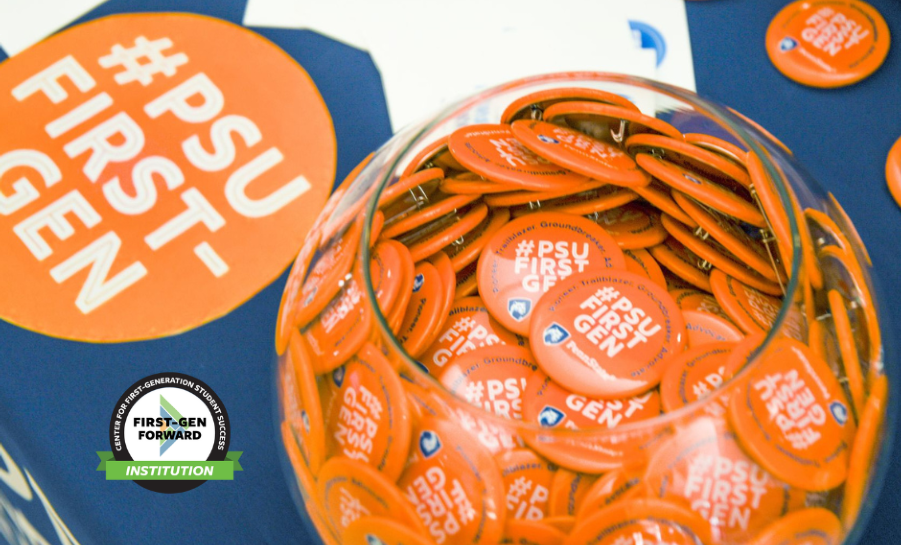 Bowl of orange Penn State University first-gen program buttons