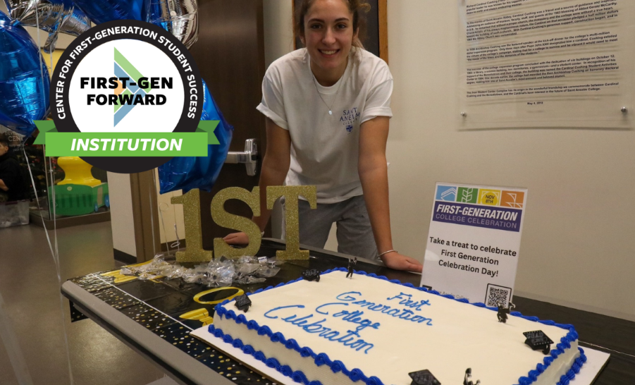Student cutting first-generation celebration cake