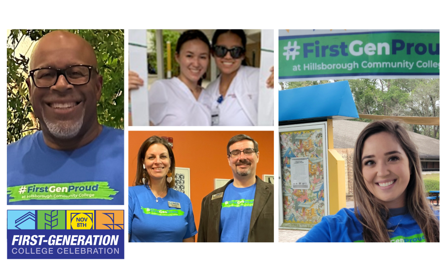 Collage of students, faculty, and staff wearing blue and green 