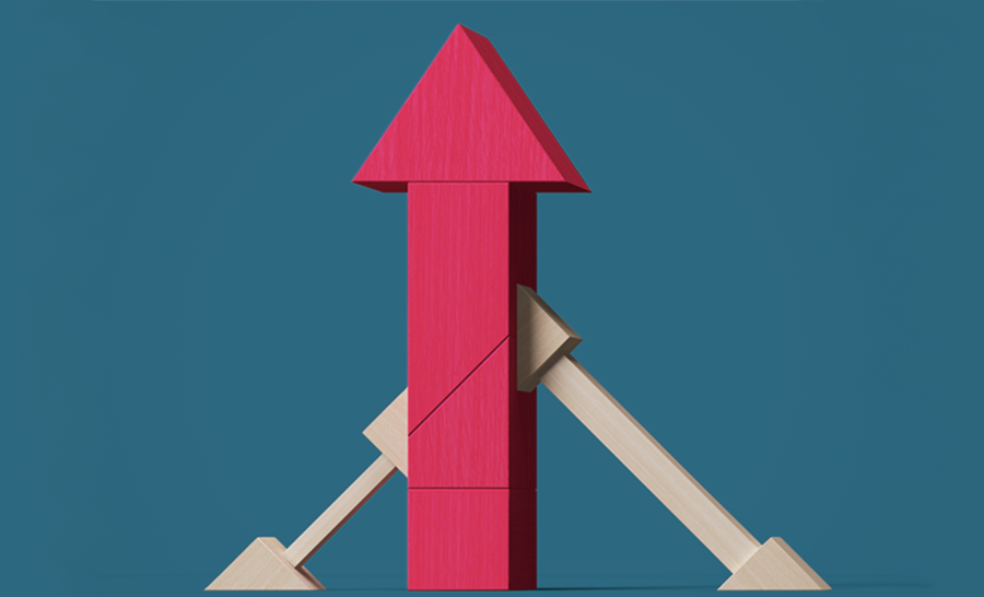 Red wooden arrow pointing upward supported by two tan beams on blue field