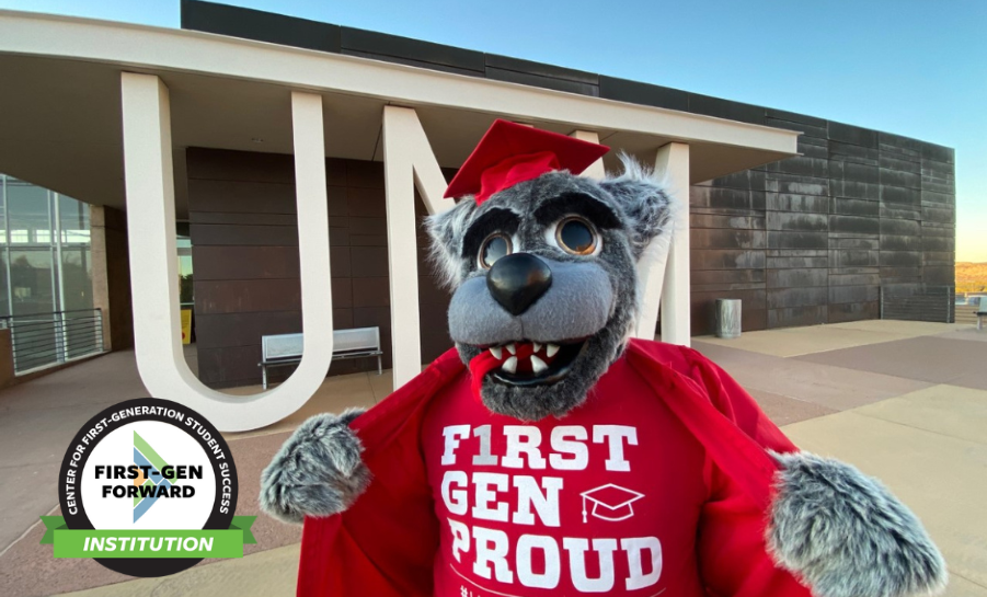 University of New Mexico mascot with campus sign